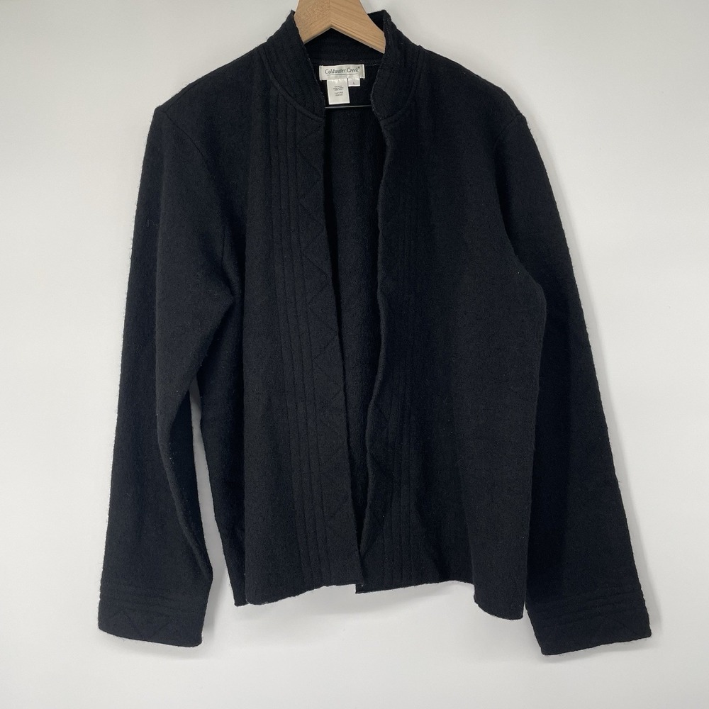 VTG 90s Y2K Coldwater Creek L Black 100% Wool Open Front‎ Cardigan Sweater Chic